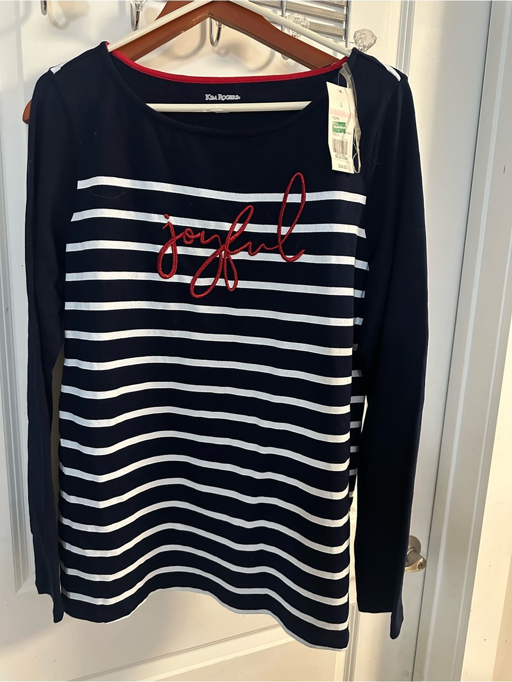 Kim Rogers Navy & White Striped Crewneck Sweater with Red Script